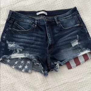 KanCan Blue and Red Jean Shorts Distressed American Flag Design